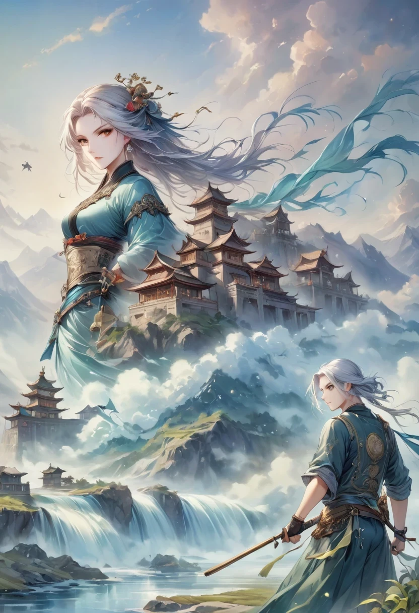 masterpiece, Close-up of a man with white hair and a white mask, beautiful figure painting, Gurwitz, Guwiz style artwork, White-haired God, Yang Jian, Epic and beautiful character art, Amazing character art, FAN Qi, Wu Zhun Shifan, Gu Vitz from Pixiv Art Site, antique, mountains and rivers