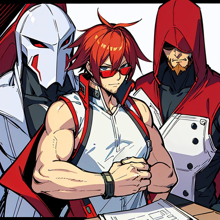 Concept ART ,human Male Adult ,Clear Skin ,Red eyewear , (white short haircut ), wearing Bandage , Cool face ,Beard , ((blazblue game )) ,vest Torn Shirt ,Strong arms ,