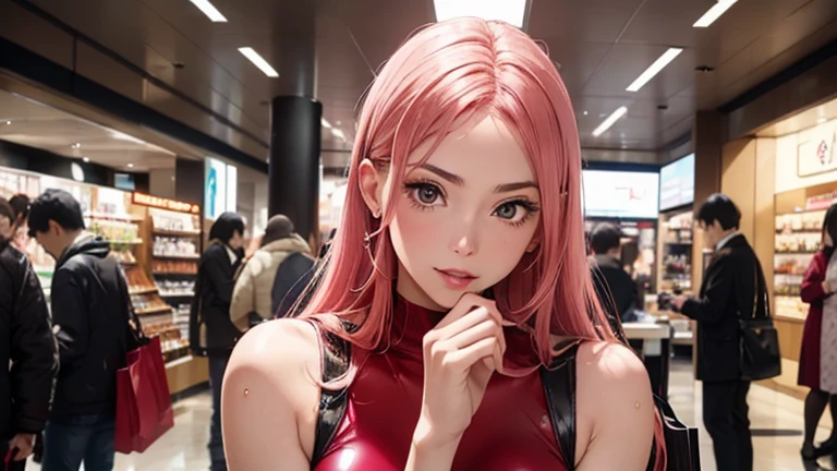 (muste piece:1.3), high resolution, Super detailed, Highly detailed CG unity 8k wallpaper, Reality, photorealistic, Raw photo, beautiful detailed face, detailed cloth texture, detailed hair texture, perfect body, pretty face, anatomically correct, Highly detailed face and skin texture,, (beautiful hands), (fair skin, glossy skin:1.2), detailed eyes, symmetrical eyes,double eyelids, thin eyebrows, (glossy lips:1.4), Beautiful woman shopping in Ginza、Red One Piece、Pink Hair