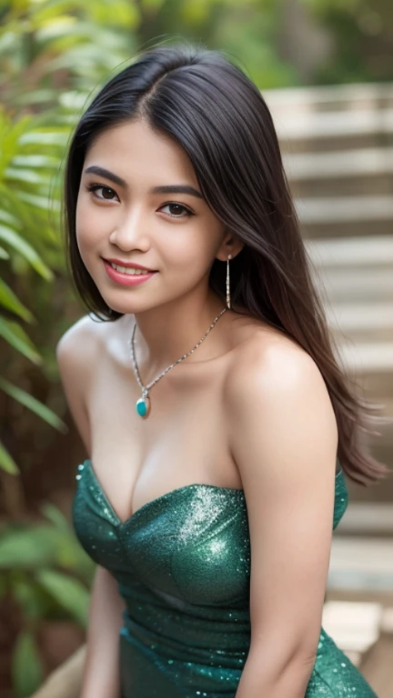 (8k, RAW Photos, Best Quality, High Resolution: 1.1), (Ultra Realistic: 1.4), (Realistic, Photorealistic: 1.3), young girl, (Malay Pakistani look), wearing strapless mermaid dress, posing in green garden,  6pm, (dimples cheek), Realistic Face, Realistic Body, Realistic Skin, side view, Absurdity, Masterpiece, (Cute: 1.8), Cuties, Solo, Detailed Black Eyes, Innocent Eyes, Cheek, Film grain, long necklace,  small earrings, ((hair black, long length, straight rebonding hair)), cherry colored lips,  look viewer from below, upper body, open lips, cleavage, medium breast, nipples, upper teeth, cute smile show teeth, (smiling eyes: 0.6), (grin: 1.2)), depth of field, blurred background, eye focus, bokeh, young, 85mm lens f/2, ambient soft lighting,  photon mapping, radiosity, physically based rendering, 