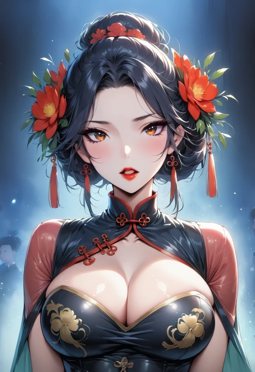 1 girl,Upper body,Rob a girl,Chinese dress,Chinese clothes,hair flower,(masterpiece:1.4),(best quality:1.4),(shiny skin),red lips,looking at the audience,Big breasts,open lips