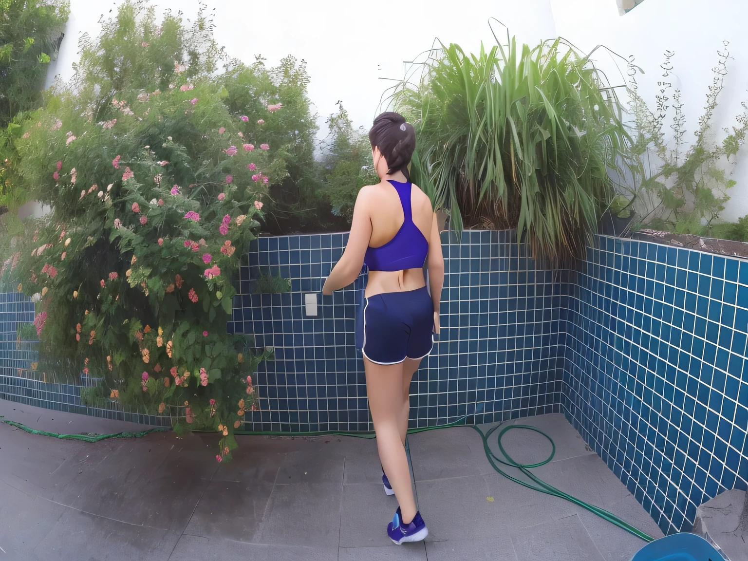 there is a woman standing next to a wall with flowers, back - shot, sport bra and dark blue shorts, squatting down next to a pool, fit pic, seen from the back, back pose, waist - shot, back shot, backview, shot from the back, sport bra and shorts, hunched shoulders, rear-shot, backshot. Best quality , high resolution, Masterpiece: 1.3, A high resolution, (photographically realistic), Beautiful girl, Sexy Pose, 8K, NFSW, fitness body, sports bra and dark blue shorts, toned legs. She is around 35 years old, a woman in good physical condition. Masterpiece, best quality, (best quality), realistic lighting, 8k.