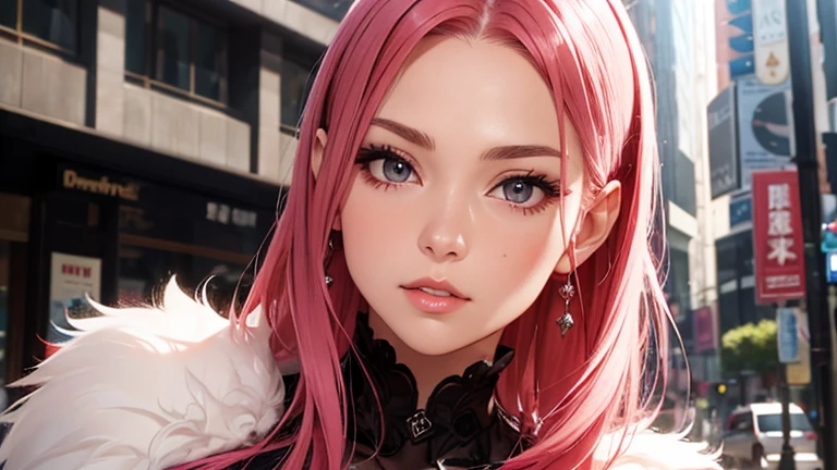 (muste piece:1.3), high resolution, Super detailed, Highly detailed CG unity 8k wallpaper, Reality, photorealistic, Raw photo, beautiful detailed face, detailed cloth texture, detailed hair texture, perfect body, pretty face, anatomically correct, Highly detailed face and skin texture,, (beautiful hands), (fair skin, glossy skin:1.2), detailed eyes, symmetrical eyes,double eyelids, thin eyebrows, (glossy lips:1.4), Beautiful woman shopping in Ginza、Red One Piece、Pink Hair、glare at
