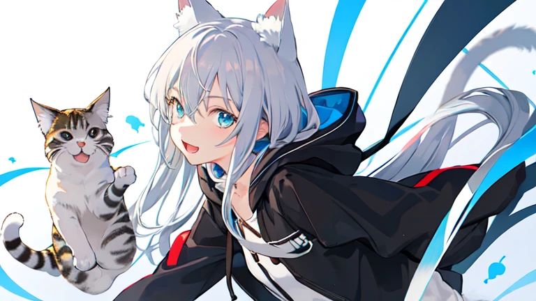 (masterpiece:1.2), best quality,PIXIV,girl,Shiroko white,Cat ears,black hoodie with blue stripes,long gray hair