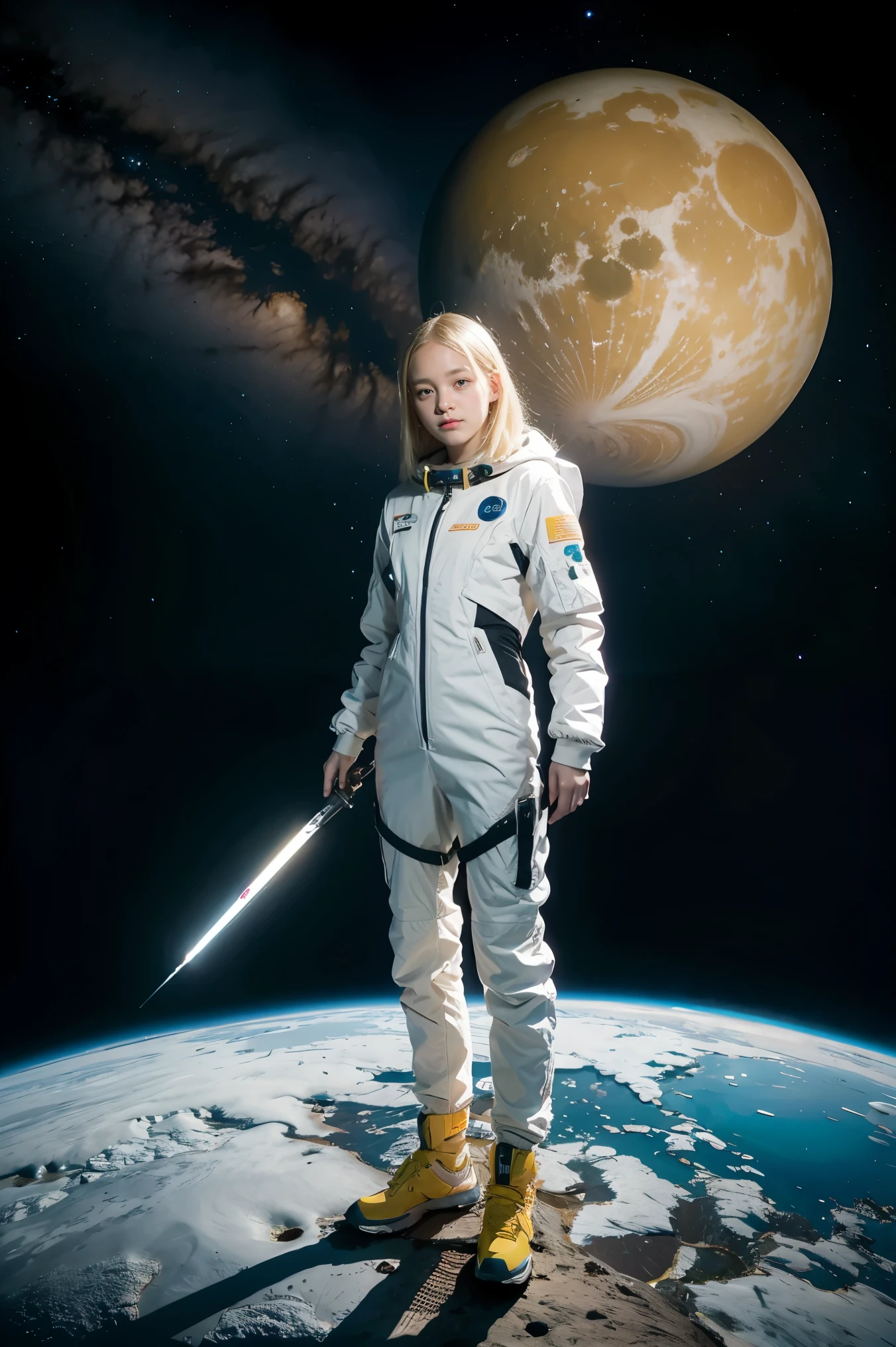 (young girl, 12 years old, blond hair, photorealistic, pale skin), (yellow (eyes:1.2)), (slim build:1.3), (fantasy space suit), beautiful face, symmetrical face, Greg Rutkowski, wlop and Sam Kuvshinov, (long hair), blond eyelashes, large iris, large pupil, full body, standing on the background of the cosmodrome, artstation, 8k, science fiction, pastel colors, props, panel, concept, futuristic, gribble, simon stalenhag, space, in outer space, a spaceship in the sky, technological blocks