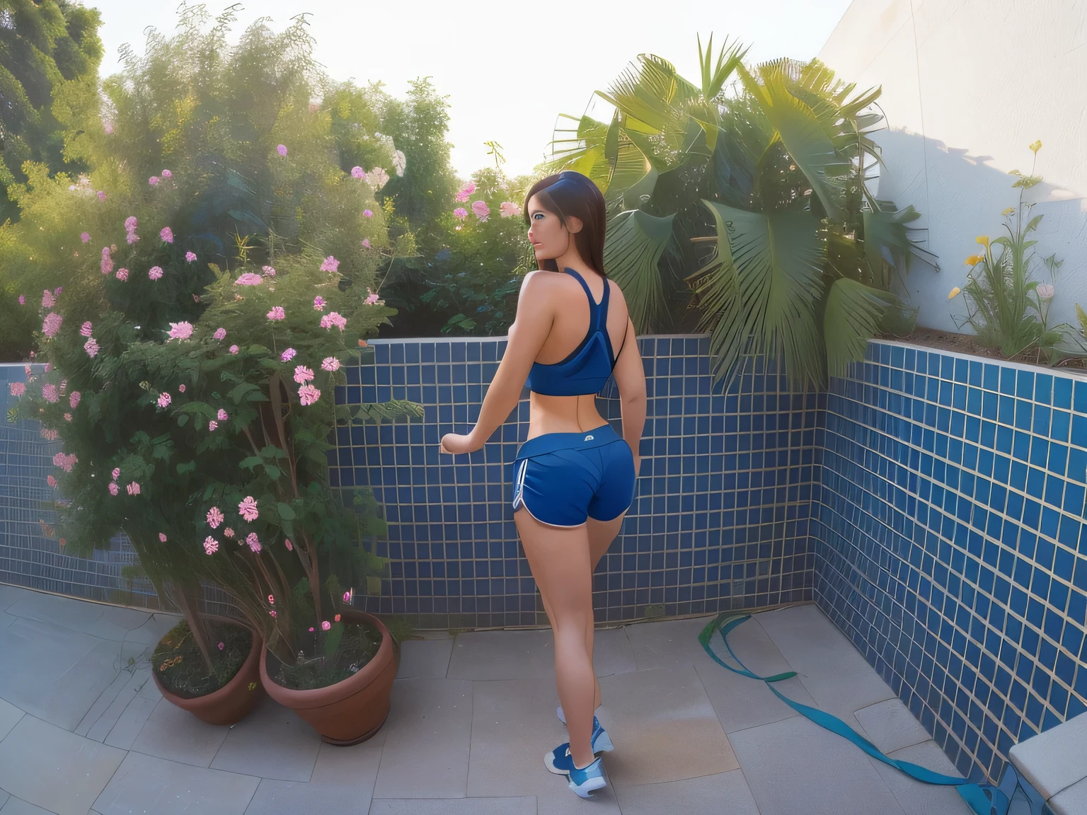 there is a woman standing next to a wall with flowers, back - shot, sport bra and dark blue shorts, squatting down next to a pool, fit pic, seen from the back, back pose, waist - shot, back shot, backview, shot from the back, sport bra and shorts, hunched shoulders, rear-shot, backshot. Best quality , high resolution, Masterpiece: 1.3, A high resolution, (photographically realistic), Beautiful girl, Sexy Pose, 8K, NFSW, fitness body, sports bra and dark blue shorts, toned legs. She is around 35 years old, a woman in good physical condition. Masterpiece, best quality, (best quality), realistic lighting, 8k.
