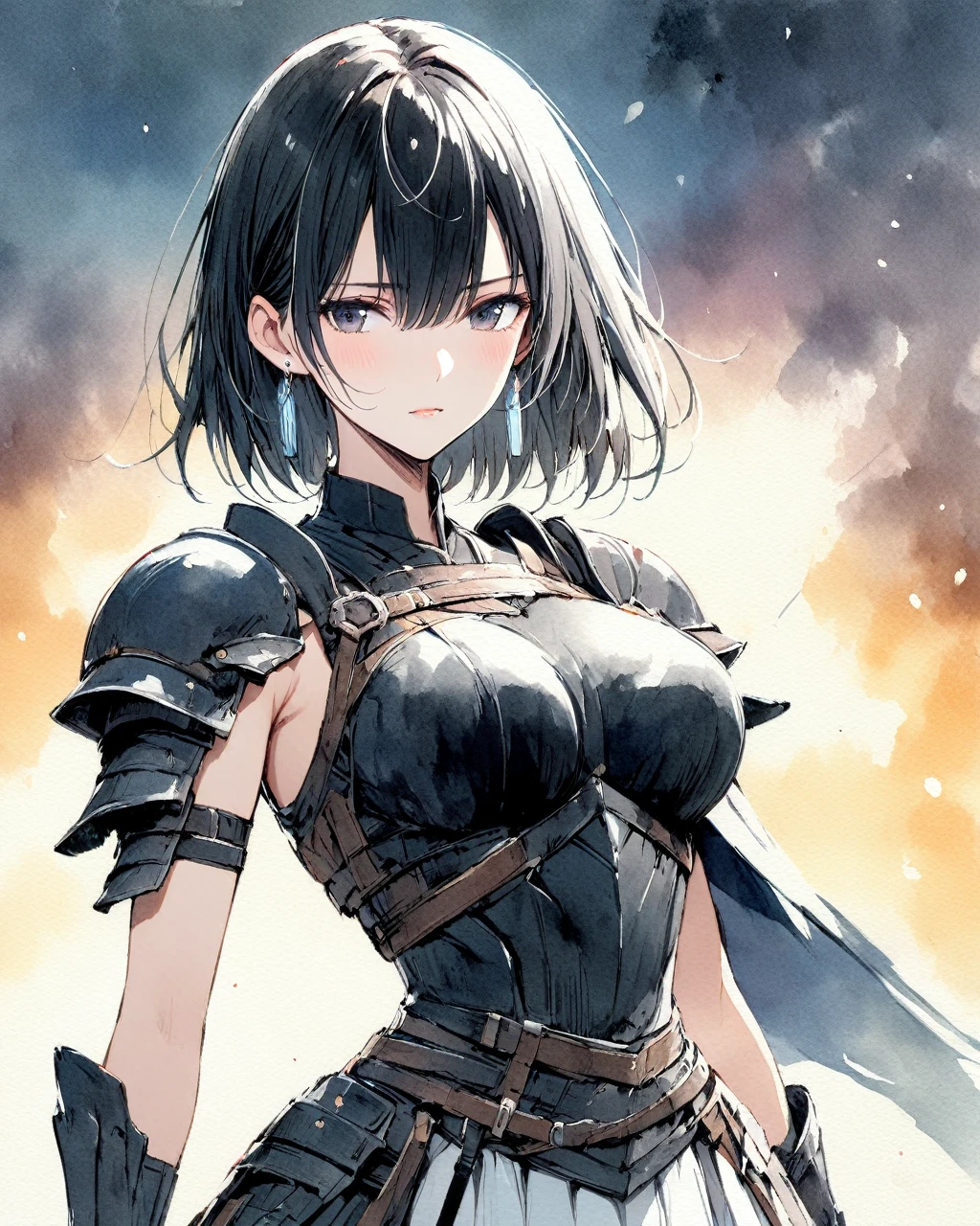 masterpiece, best quality, watercolor (medium), 1girl, breast, alone, short hair, split, Red and black hair, black eyes, earrings, Bangs, jewelry, skirt, bare shoulders, sleeveless, hair between eyes, 单pauldron, looking at the audience, large breast, armor, shoulder armor, sleeveless skirt, Upper body, single sleeve, white skirt, pauldron, 