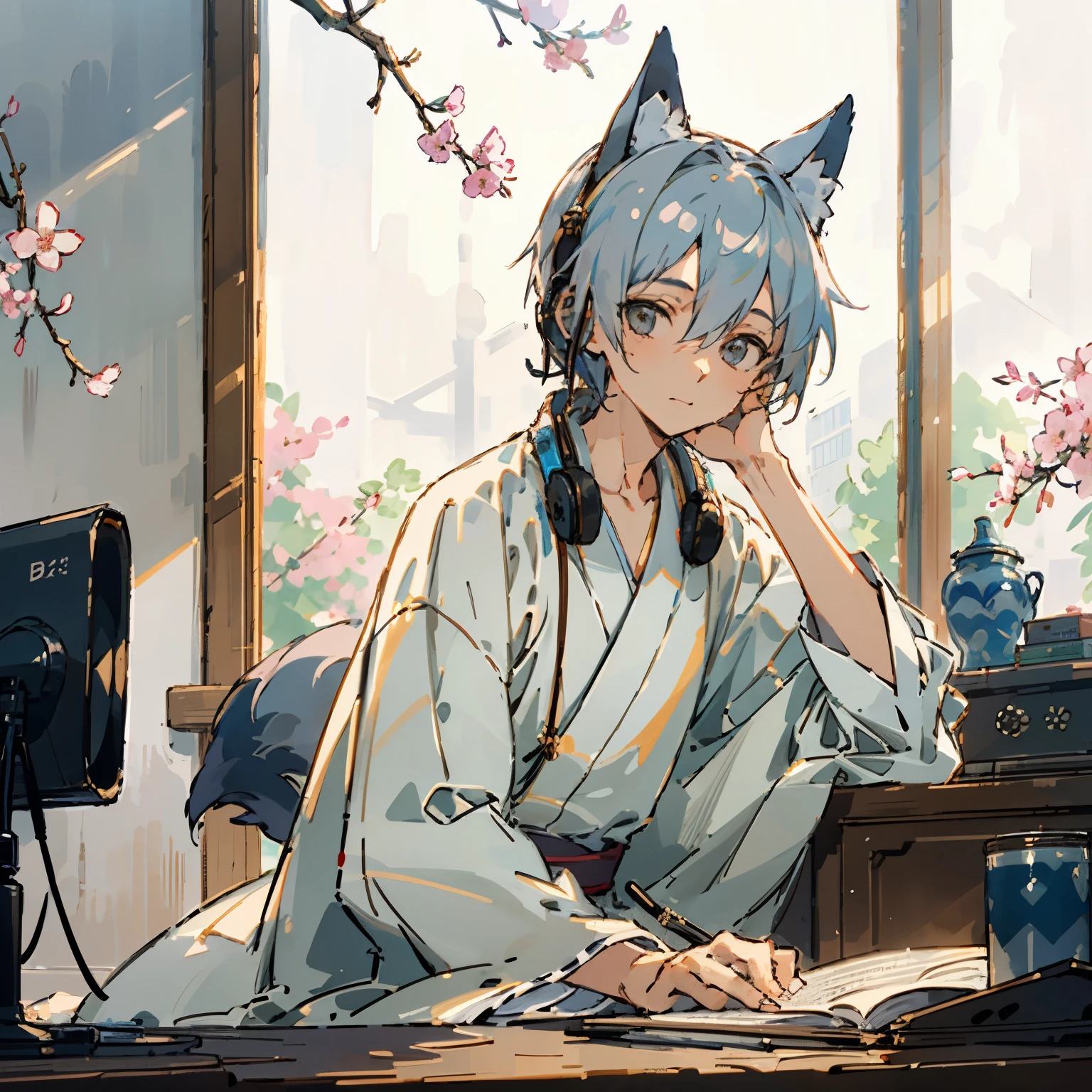 ((best quality)), ((masterpiece)), (detailed), perfect face
((highest quality)), ((masterpiece)), (be familiar with),、morning、A boy studying in his room while listening to the radio with headphones、kimono、silver hair、Fox&#39;s Tail、fox ears、warm lighting、Cherry blossoms are blooming outside the room、opening the computer、Japanese anime style