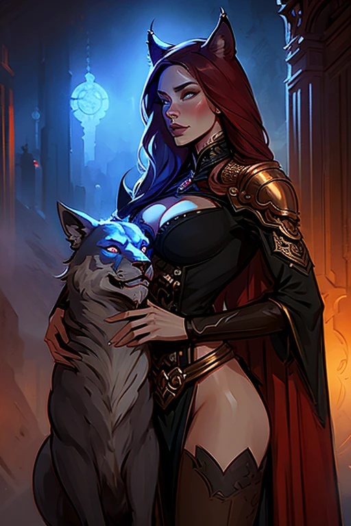 There is a woman standing with a wolf and a panther in front of a bronze mandala background with filigree, cyberpunk art by Yang J, cgsociety contest winner, fantasy art, dark fantasy style art, in style of dark fantasy art, artgerm Julie Bell beeple, Karol Bak and Peter Mohrbacher, gothic fantasy art, Charlie Bowater rich deep colors