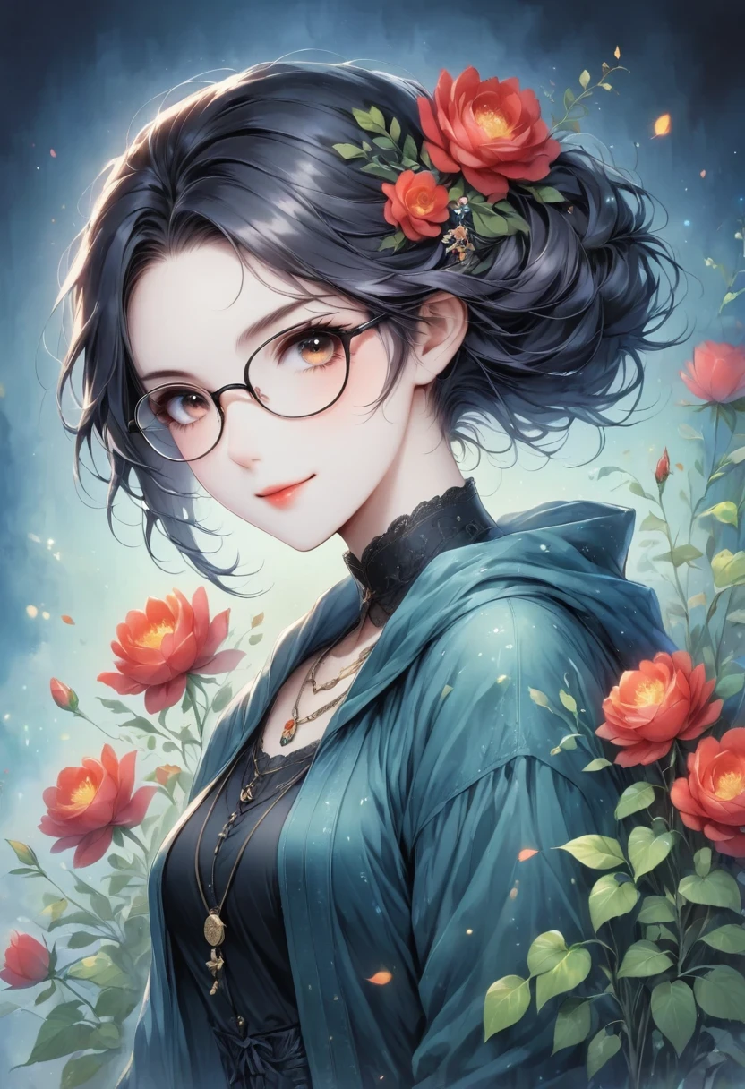 Exquisite picture, a beautiful girl, long black hair, wavy hairstyle, Wearing black-rimmed glasses, Smile, necklace, temperament,