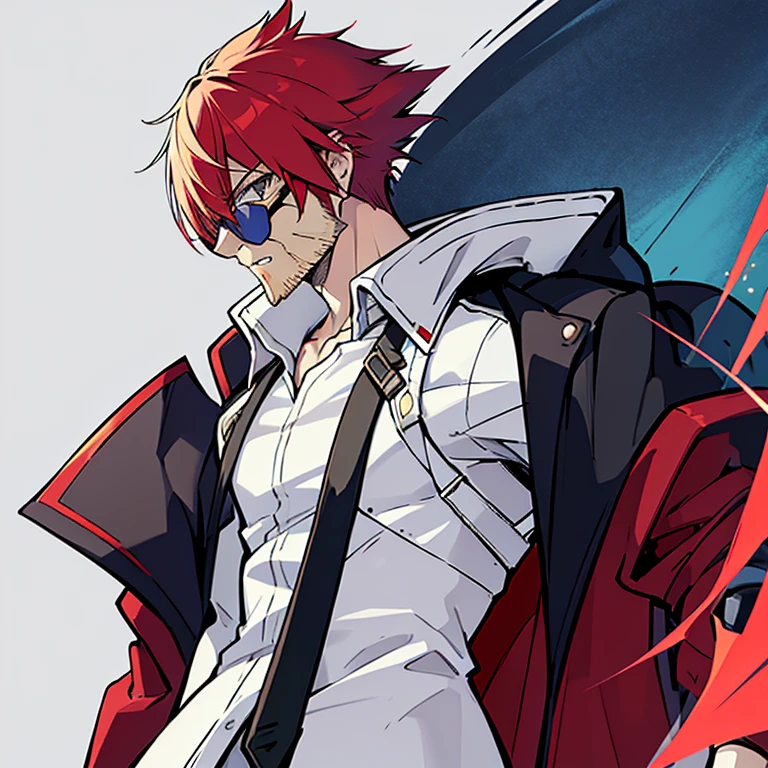  Concept ART ,human Male Adult ,Clear Skin ,Red eyewear , (((white short hair ))), wearing Bandage  , Cool face ,Beard , (blazblue World  ) , Jacket Torn  ,shirt, 