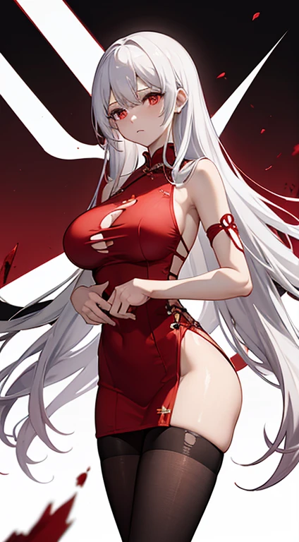 torn red cheongsam，long white hair，low cut clothes，huge breasts，Torn black pantyhose，groin，胸前There are holes in the clothes，胸前Damaged clothing，There are holes in the clothes，Damaged clothing，combat damage，severely injured，Wipe the blood from the corner of your mouth with your hand