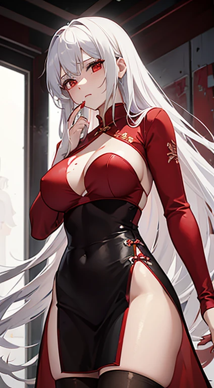 torn red cheongsam,long white hair,low cut clothes,huge breasts,Torn black pantyhose,groin,胸前There are holes in the clothes,胸前Damaged clothing,There are holes in the clothes,Damaged clothing,combat damage,severely injured,Wipe the blood from the corner of your mouth with your hand