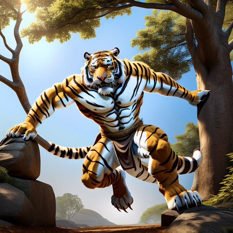 Tiger Man、Tiger face、Tiger Body、Body hair all over the body、Long body hair、thick tail、pure white belly、Patternless belly、Jumping、Kicking、straighten one leg、Upturned face、Big golden eyes、sharp claws, white fang opens、On the branches of trees、Composition from the side、White loincloth、abdominals