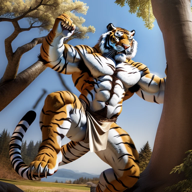 Tiger Man、Tiger face、Tiger Body、Body hair all over the body、Long body hair、thick tail、pure white belly、Patternless belly、Jumping、Kicking、straighten one leg、Upturned face、Big golden eyes、sharp claws, white fang opens、On the branches of trees、Composition from the side、White loincloth、abdominals
