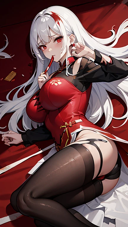 Torn red cheongsam，Broken black pantyhose，huge breasts，胸前Holes in clothes，Damaged clothes，Holes in clothes，Battle damage，Seriously injured，long white hair，Wipe the blood from the corner of your mouth with your hand，Weak，Gasping lightly，sideways，Half of your butt is exposed