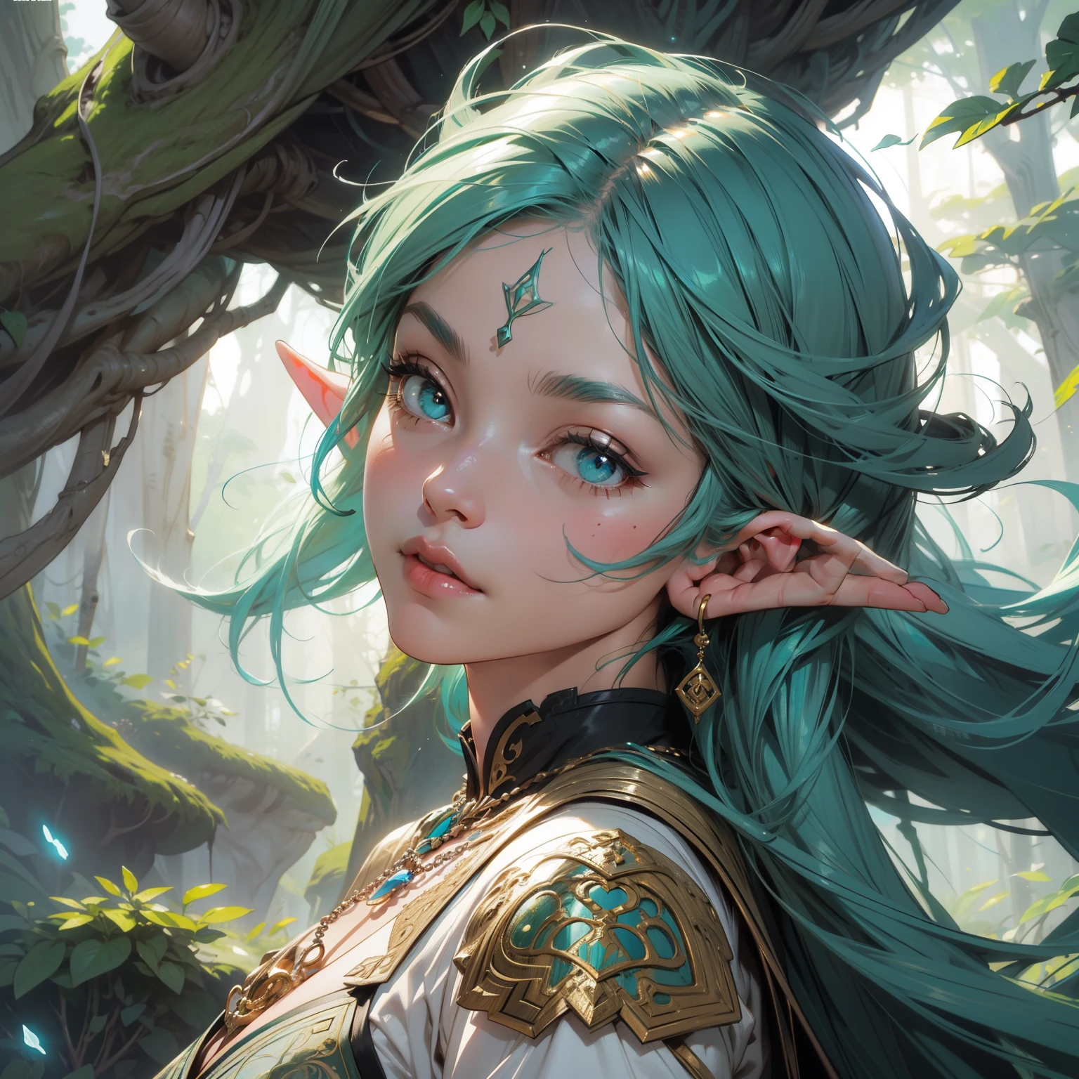 elf girl, concept art, 8k intricate details, surreal fairytale style, head tilt, oversized detailed {purple|green|blue|hazel|} eyes, looking down, seductive, textured blue hair, simple forest background, soft muted pastel colored pencil illustration, intricate gold filigree necklace, from side, multicolored white hair, wispy curled hair, style of Carne Griffiths