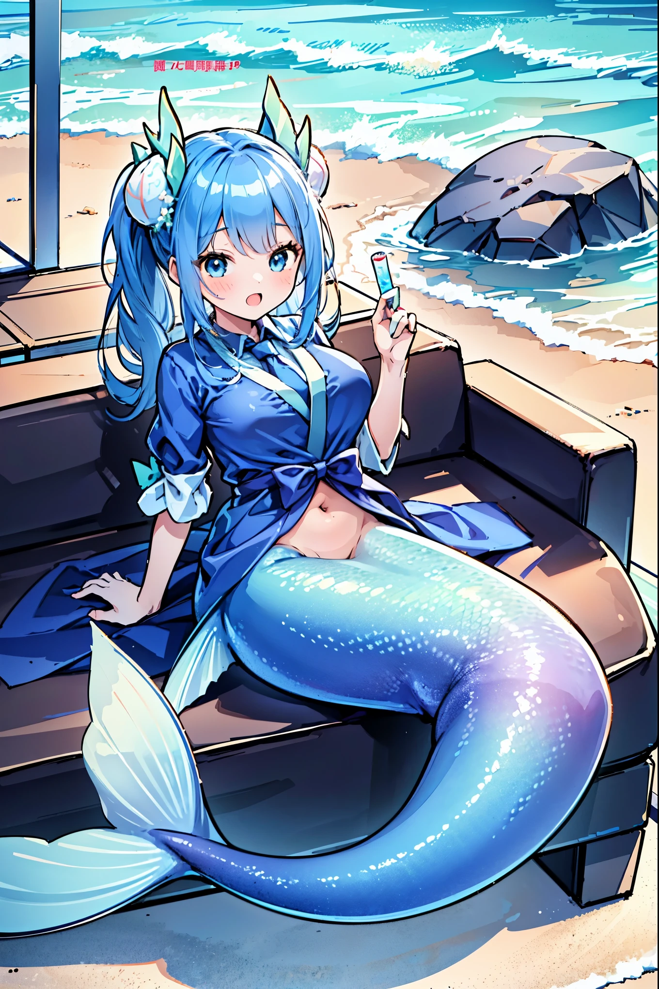 masterpiece, best quality,a woman,big breasts,Mermaid,Blue shirt,天藍色的Mermaid尾巴,full-body shot,for the audience,Get posed,living room,Sitting on the sofa,charming脸(kawaii, charming,soft)