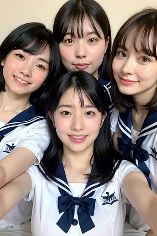 Three very young girls in bed、Sailor Suit Bow Tie,18-year-old,bangs,a little smile、each with a different hairstyle,from below,front light、breast enhancement、Nipples in full view、erotic smile、Soaking wet whole body、water droplets、live action、photograph、Mr..々Counterpoint、Big breasts pressed together