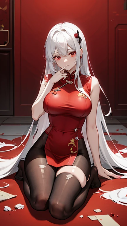Torn red cheongsam,Broken black pantyhose,huge breasts,胸前Holes in clothes,Damaged clothes,Holes in clothes,Battle damage,Seriously injured,long white hair,Wipe the blood from the corner of your mouth with your hand,Weak,Gasping lightly,There are wounds on the body,Body injuries,Weakly on one knee