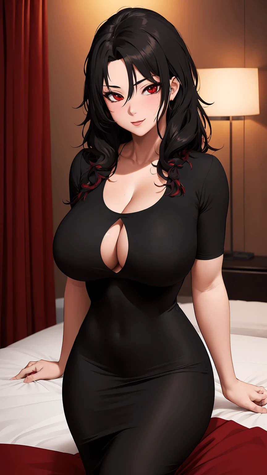 masterpiece, best quality, extremely detail 8k cg, high resolution, 1girl, kurenai yuhi, black hair, red eyes, huge breasts, black tee shirt dress, cleavage, on hips, seductive face, indoors, bedroom, beautiful face, cowboy shot