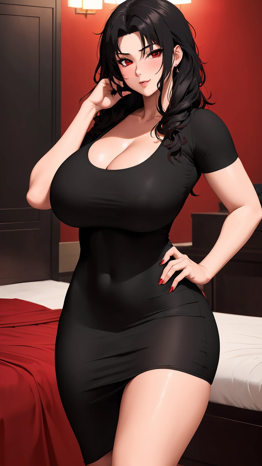 masterpiece, best quality, extremely detail 8k cg, high resolution, 1girl, kurenai yuhi, black hair, red eyes, huge breasts, black tee shirt dress, cleavage, on hips, seductive face, indoors, bedroom, beautiful face, cowboy shot