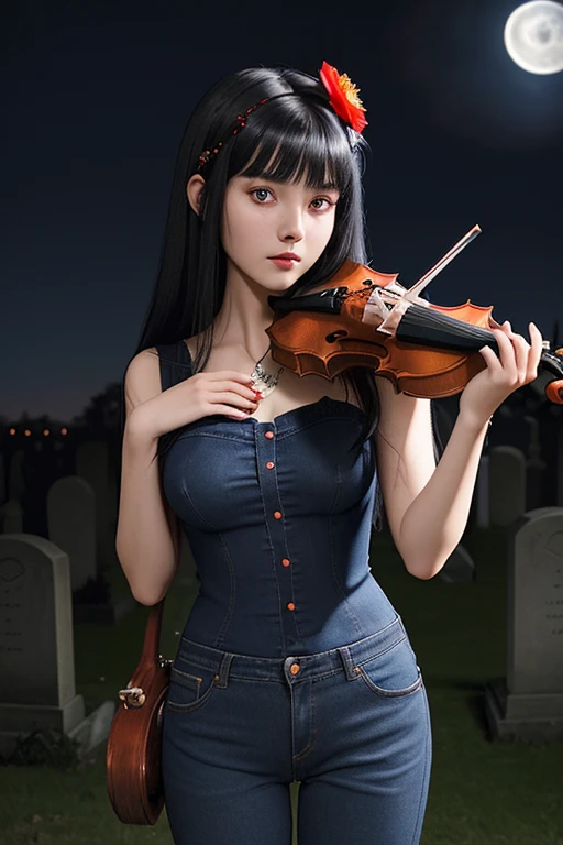 20 year old woman reddish black hair with a flower shaped hair clip dark blue dress with moon decoration sexy complexion blue denim pants looking straight at the viewer in a background of a cemetery at night while holding a sea shell violin clam medallion
