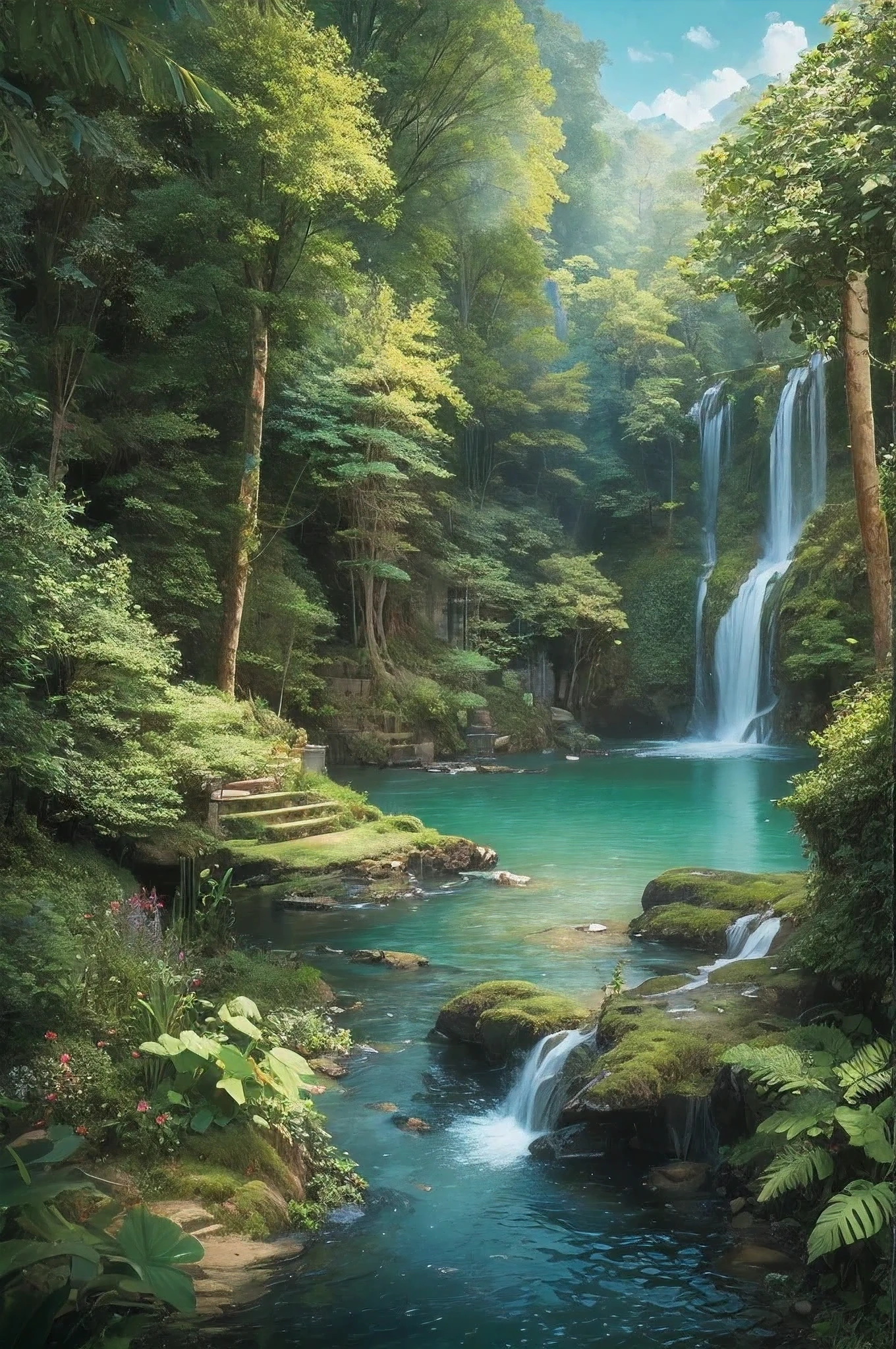 Immerse yourself in the "Emerald Oasis," a haven where Cascading waterfalls and lush greenery soothe your spirit, while nature's symphony of [Green] trickling water and [Blue] rustling leaves lull you into a state of tranquility.