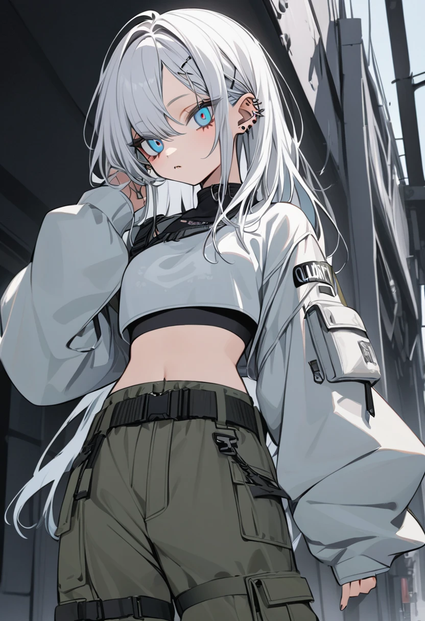 a girl with long white hair and has a lot of piercings on her ears wearing grey long sleeved crop top and cargo pants. her eyes are blue-ish grey