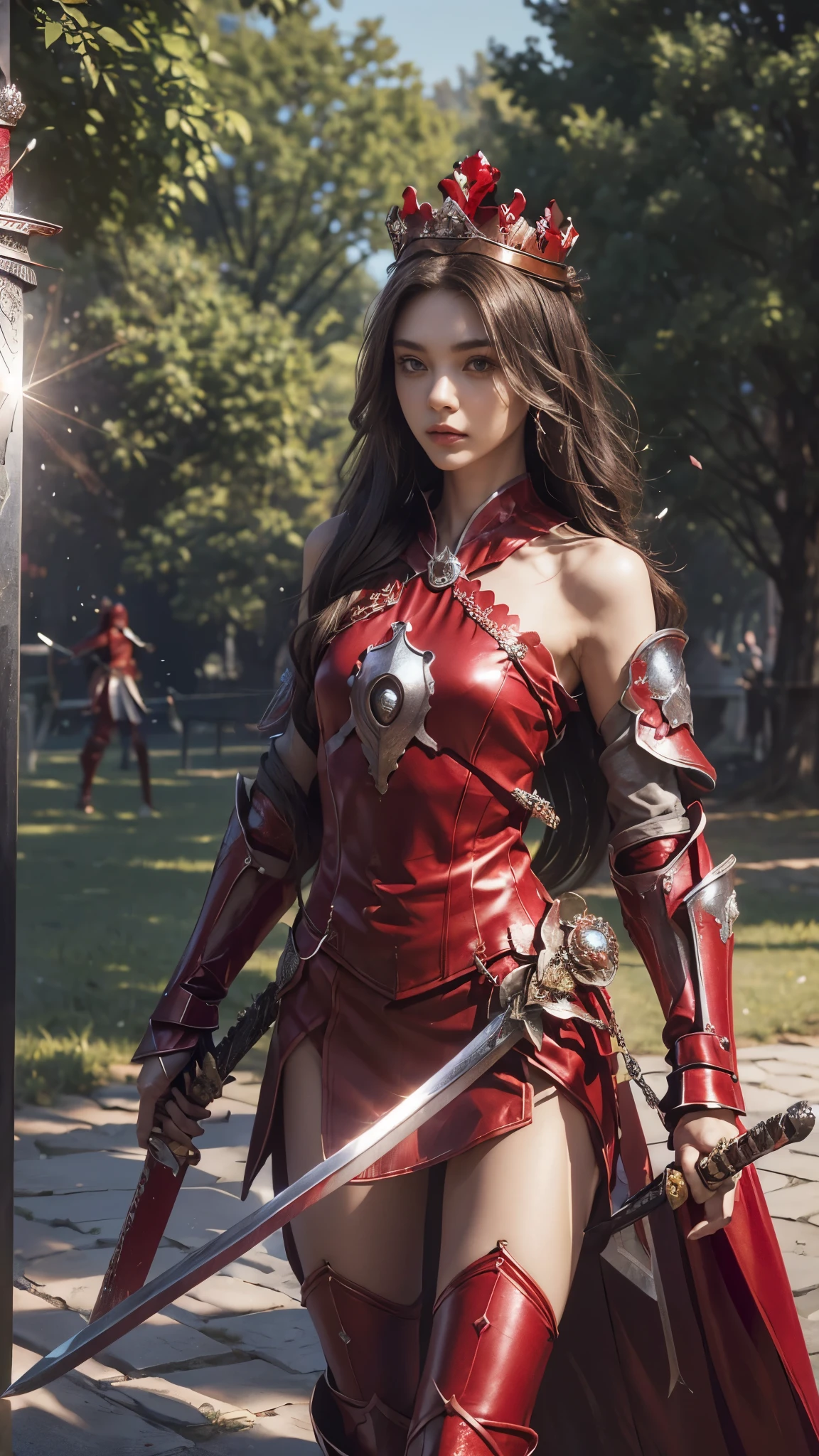 model shoot,1 girl, (innocent face:1.4), long hair, (assassin armor:1.5), (red outfit:1.5), bare shoulder, (beautiful crown:1.5), (bloom effect:1.5), hyper realistic, super detailed, Dynamic shot, masterpiece, park scenery sharp détails, perfect eyes, perfect skin, (two handed sword:1.5), (perfect slim body:1.5),