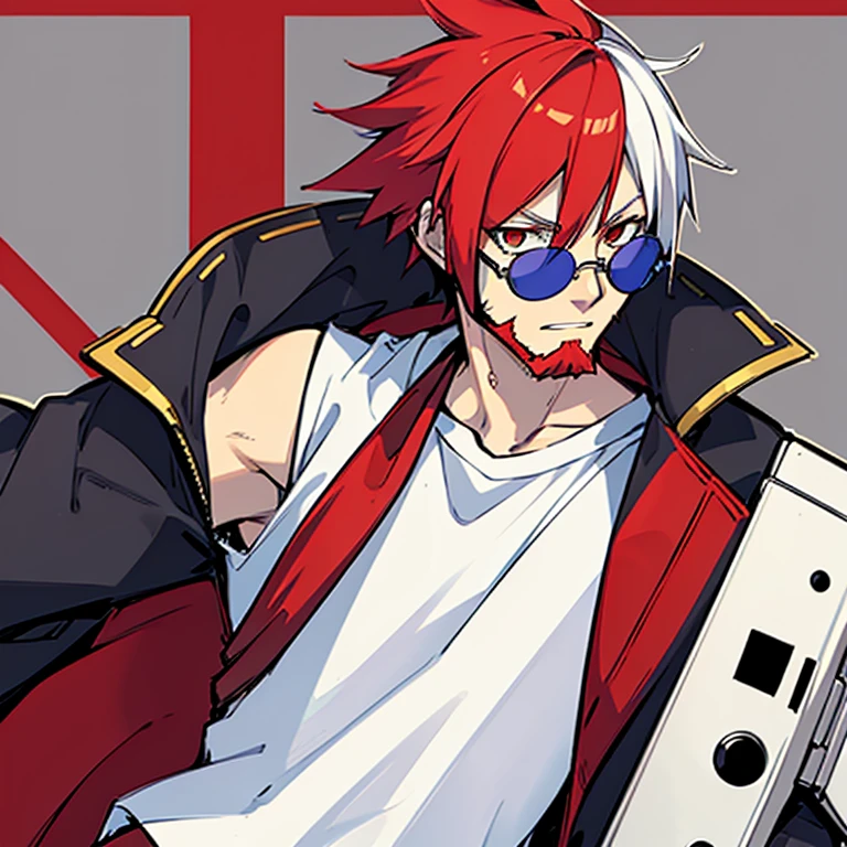  Concept ART ,human Male Adult ,Clear Skin ,Red eyewear , (((white short hair ))), wearing Bandage  , Cool face ,Beard , (blazblue World  ) , Jacket Torn  ,shirt, Clothing of the future,