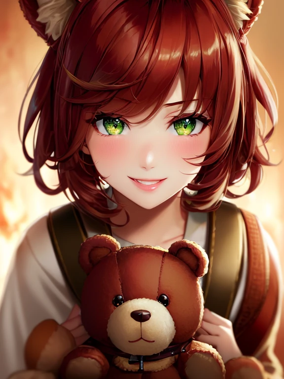 Green Eyes, annie, 1 Girl, Red Hair, smile with teeth, 8k, Detailed, masterpiece, close up, Green Pupil, brown leather backpack, short hair, fake cat ears, long bangs, close up, fire, teddy bear, tibbers, purple t-shirt
