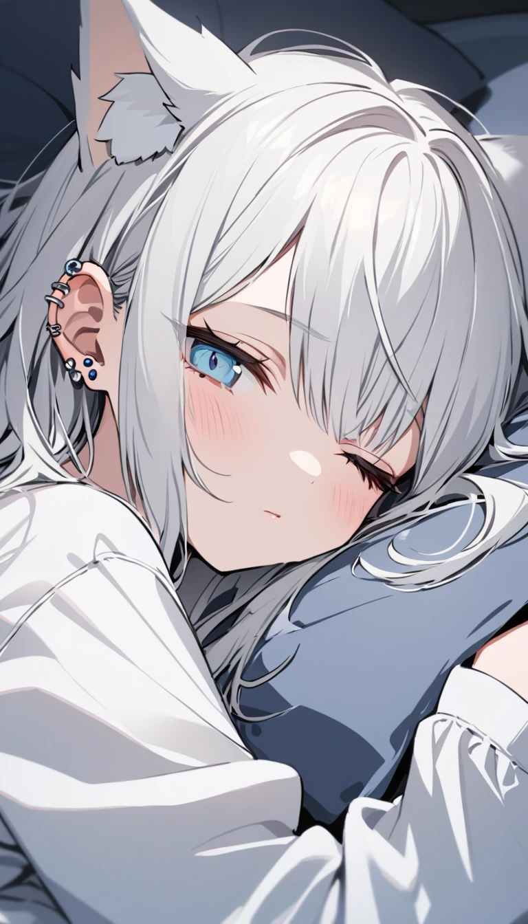 a girl with long white hair wearing pajamas and has a lot of piercing on her ears. her eyes are blue-ish grey and she's sleeping. she has wolf ears on her head