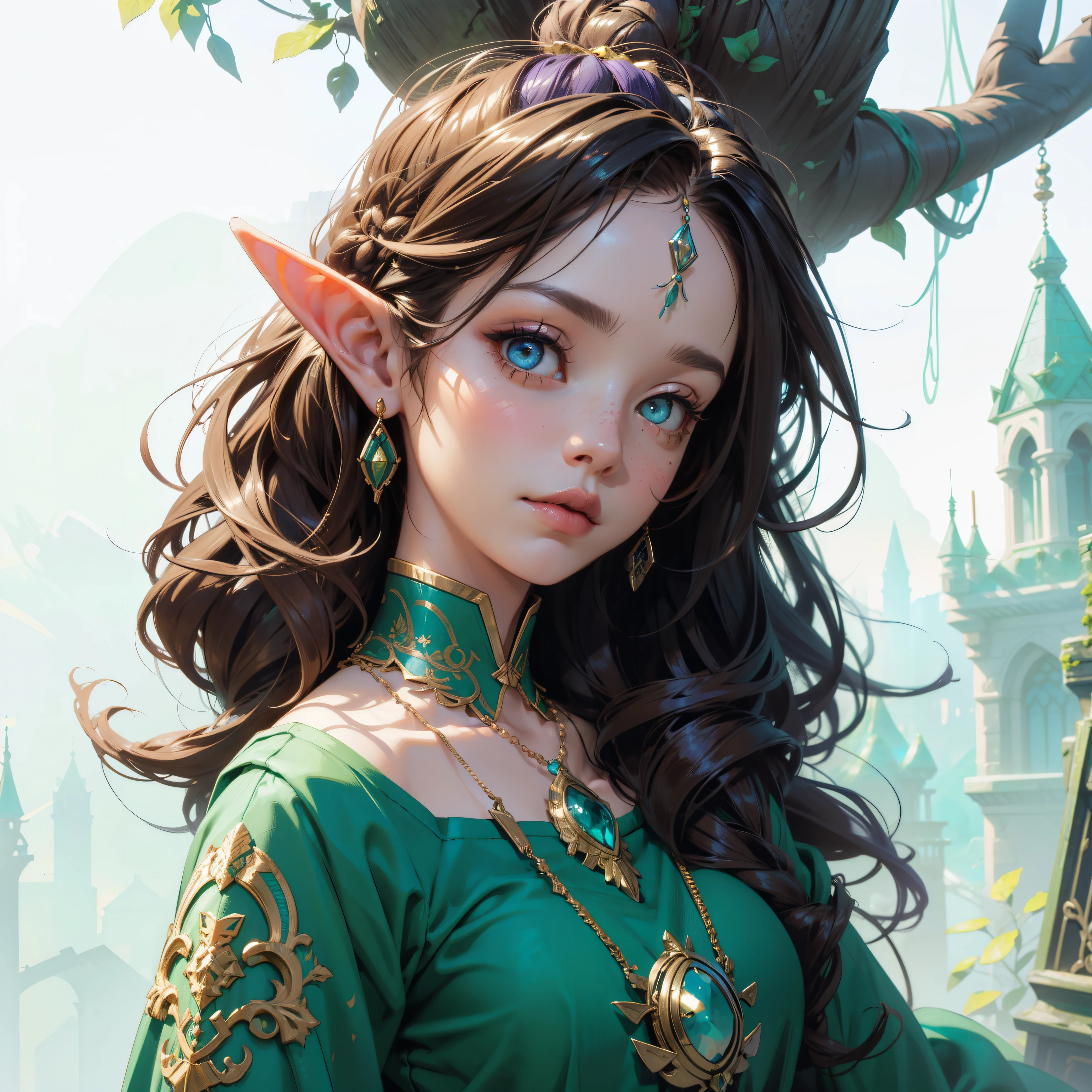 elf girl, concept art, 8k intricate details, surreal fairytale style, head tilt, oversized detailed {purple|green|blue|hazel|} eyes, cool random background, looking down, seductive, textured hair, soft muted pastel colored pencil illustration, intricate gold filigree necklace, from side, multicolored {brown|black|white} hair, wispy curled hair, style of Carne Griffiths