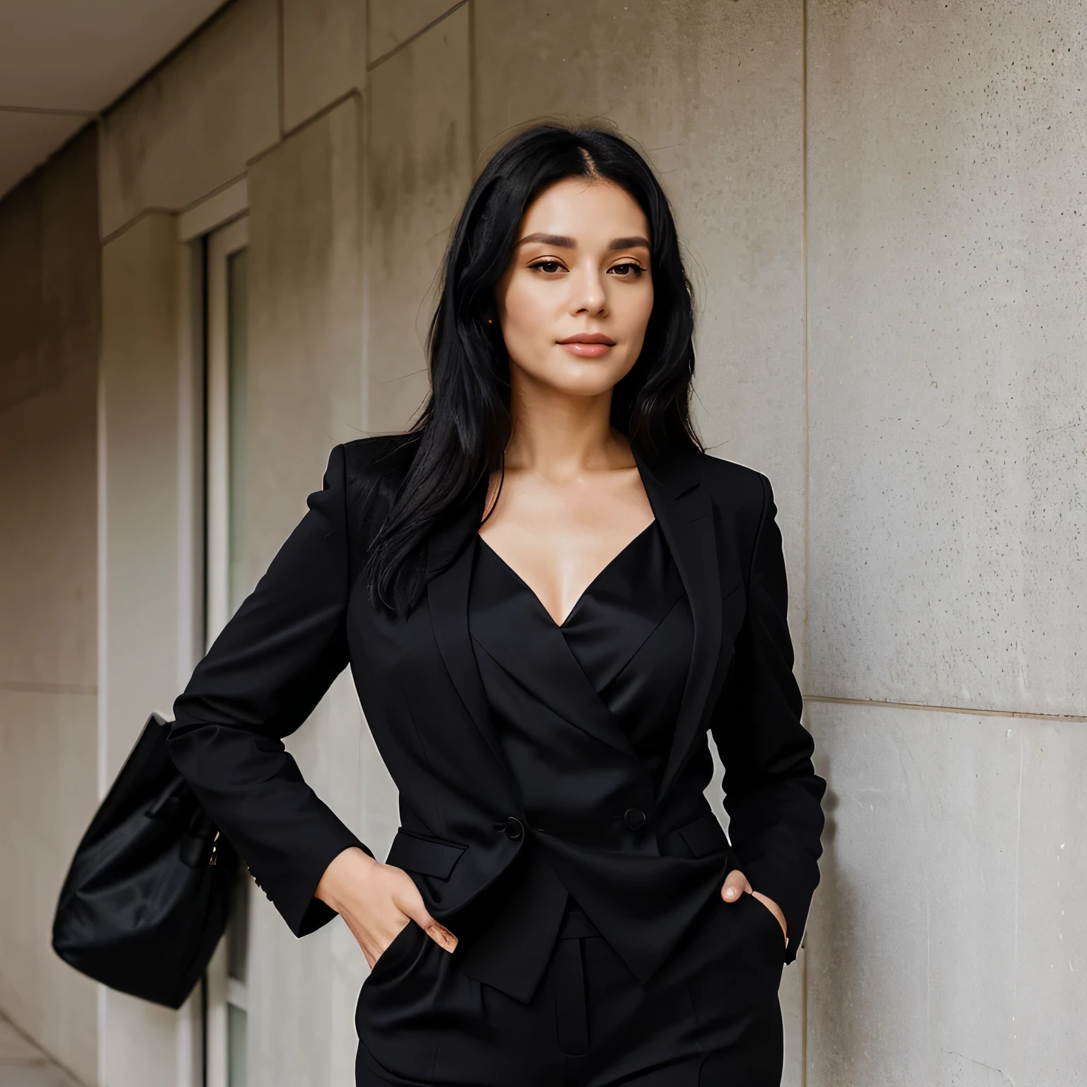 A 40-year-old businesswoman dressed in an elegant suit with straight black hair to the shoulder, parted in the middle