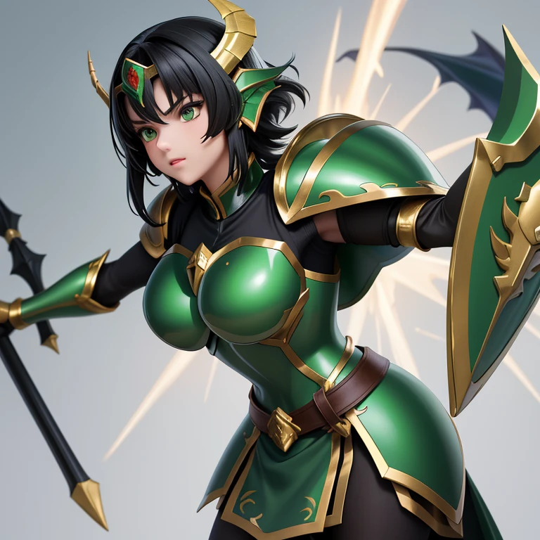 une femme, 25 ans, manga, cheveux longs, cheveux de couleur noire, black hairs, green armor, armure de couleur verte, armure du dragon de couleur verte, dragon scale skirt, shield integrated into the armor on the right arm, dragon helmet on right arm, armor shoulder pad in the shape of a dragon's head, green shest armour, saint seiya, shiryu, dragon, casque, chevalier du zodiaque, piques montagneux, cascade, falaise
