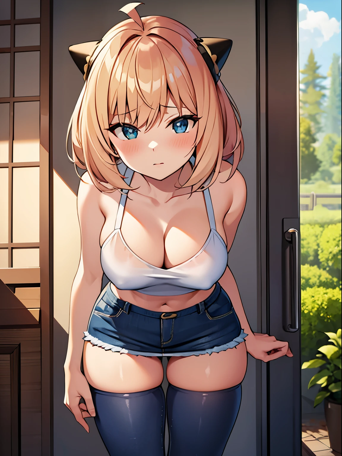 , Blonde hair,blushing ,short hair ,denim miniskirt,exposed abdomen,exposed shoulders,thin legs,thin waist, bent over,wet pussy