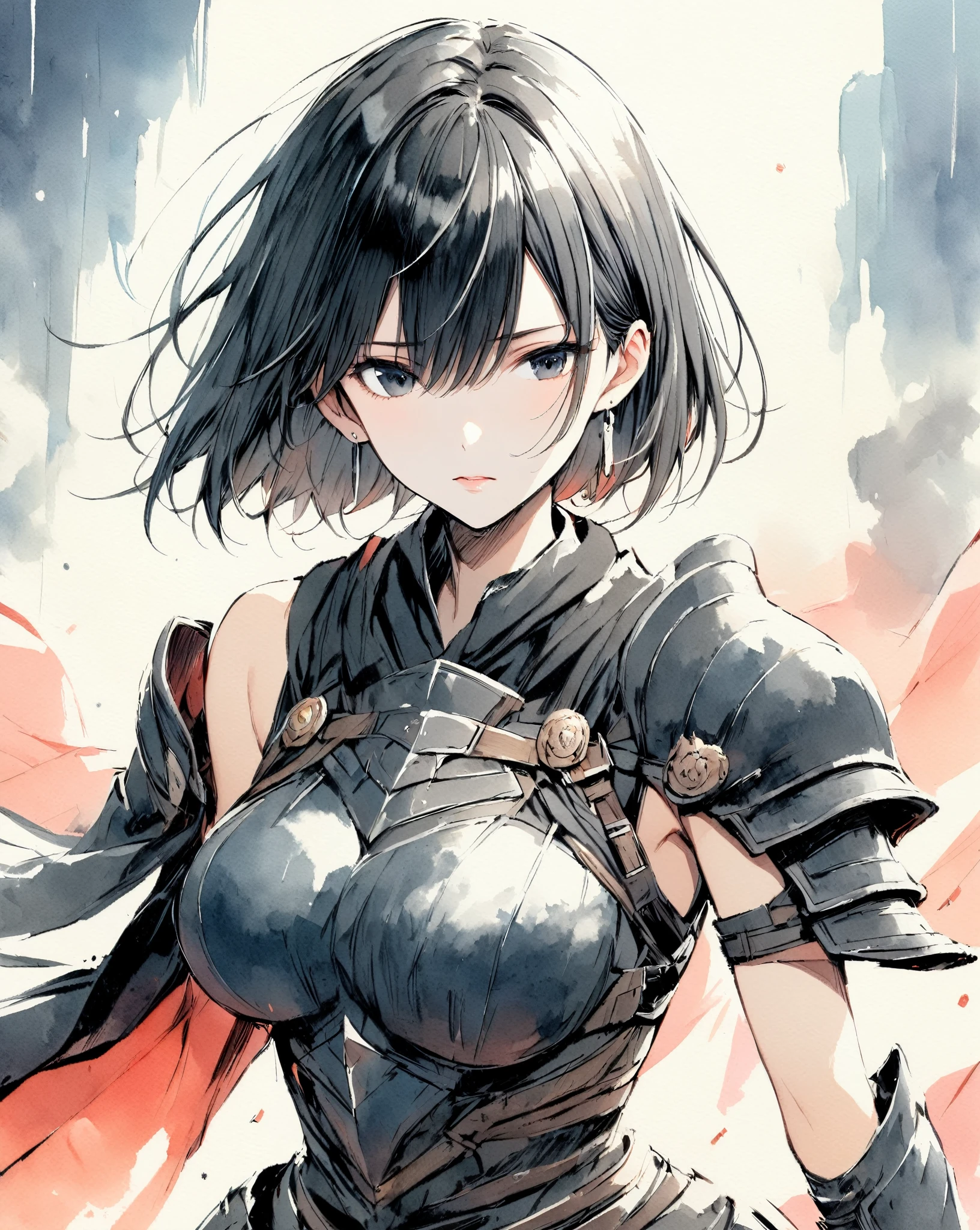 masterpiece, best quality, watercolor (medium), 1girl, breast, alone, short hair, split, Red and black hair, black eyes, earrings, Bangs, jewelry, skirt, bare shoulders, sleeveless, hair between eyes, 单pauldron, looking at the audience, large breast, armor, shoulder armor, sleeveless skirt, Upper body, single sleeve, white skirt, pauldron, 