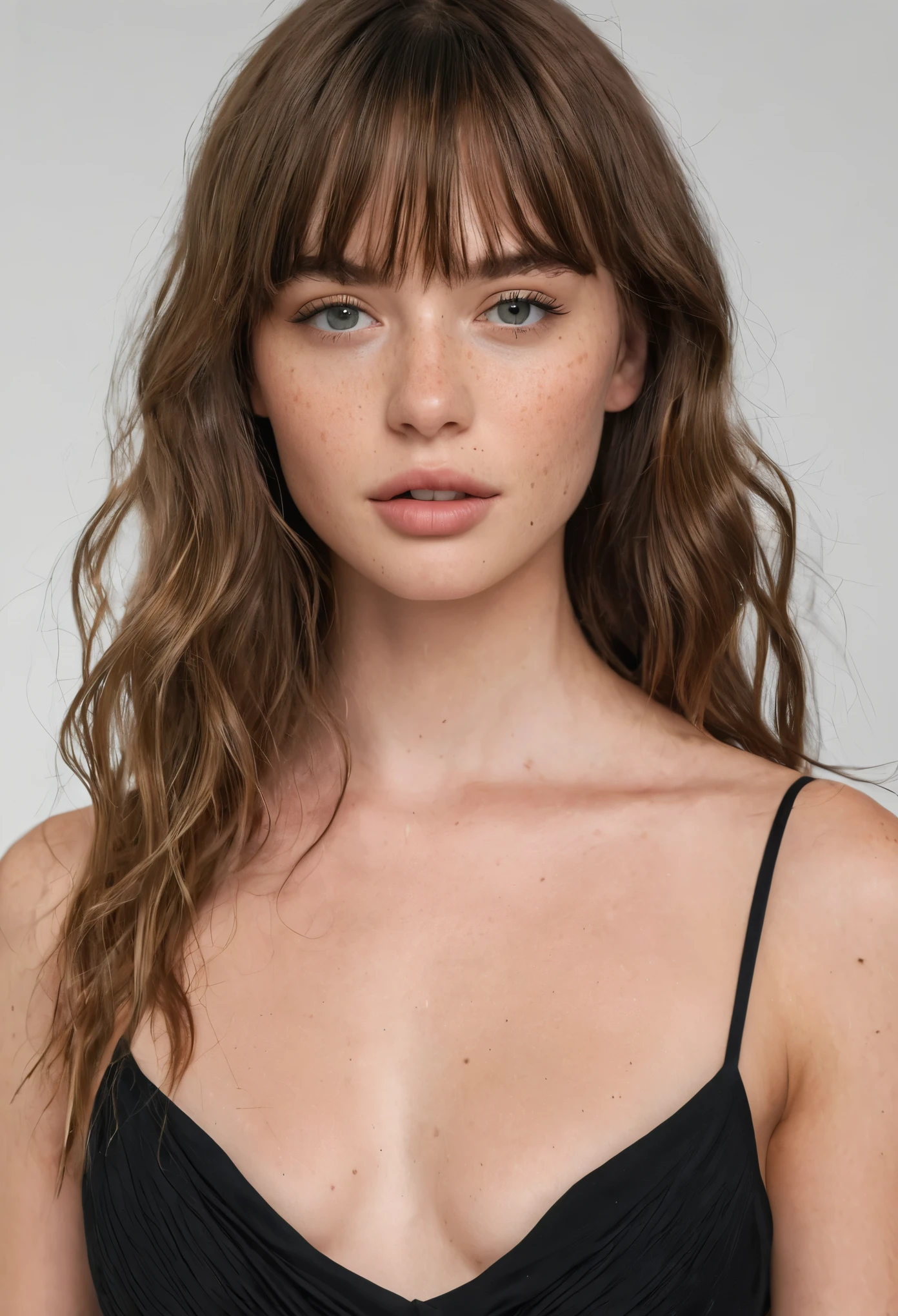A hot , beautiful Zara model with perfect body, little wavy brunette hair with bangs and freckles on her face poses in a white studio wearing a tight black dress. hot pose and A full length photo.