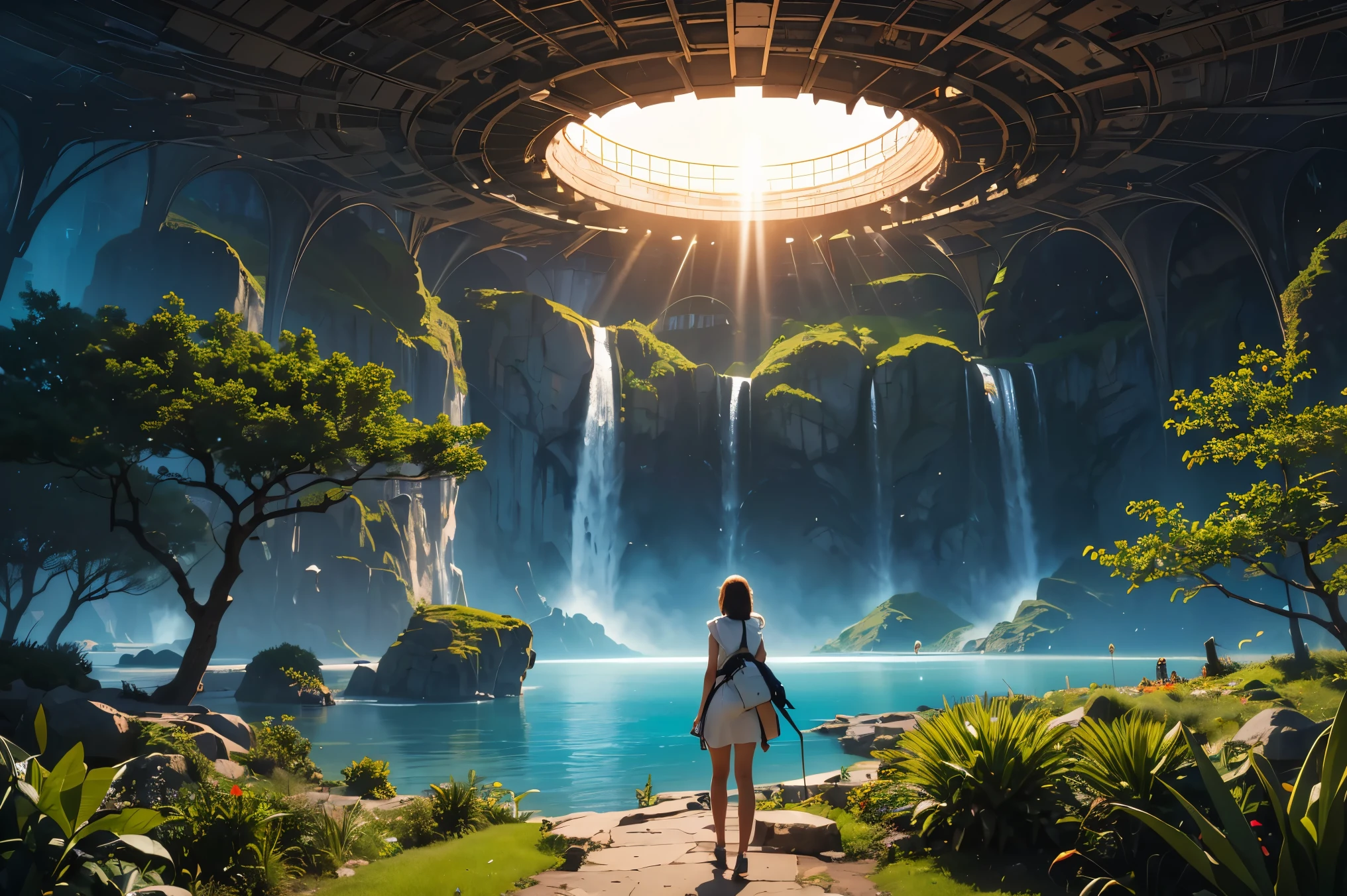 best quality,4k,8k,highres,masterpiece:1.2,ultra-detailed,realistic:1.37,girl,exploring,a sense of wonder,alien planet,vibrant chrome vegetation,surreal landscape,flora,space-age paradise,juxtaposition,adventure,curiosity,extraterrestrial,discovery,exploration,unknown,universe,nature,exotic,otherworldly,fantasy,scenic beauty,colorful,dreamlike,amazing,mesmerizing,diverse,wondrous,majestic,harmonious,serene,luminous,shimmering,futuristic,enchanted,dazzling,spectacular,explorer,starbright light,contemplative,peaceful