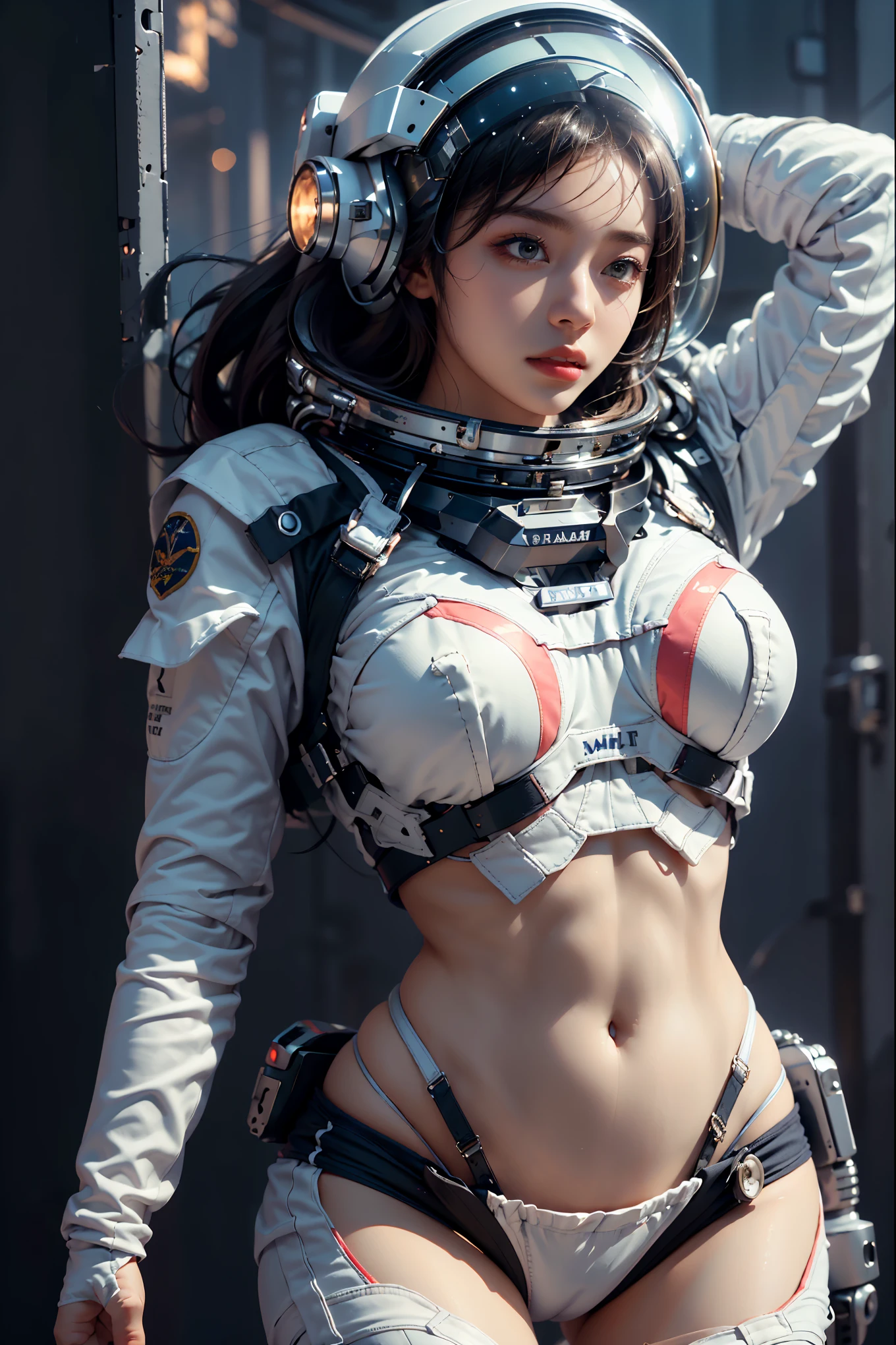 1girl weara helmet and astronaut spacesuit, Very detailed helmet, spacesuit, bare belly, bare belly, belly open, midriff, stomach， beautiful girl, Completely exposed abdomen, Complex 3D rendering, a beautiful ultra detailed female face, in outer space, beautiful studio soft light, fine face, vibrant details, current, elegance, beautiful space plant background, an extremely exquisite and beautiful, extremely detailed, CG, (realistic, photo realistic: 1.37), stunning, fine details, official art, extremely detailed CG unified, 8k wallpaper, Mecha, space_helmet, firmament, best quality, masterpiece, anatomically correct, textured skin,upper body capture