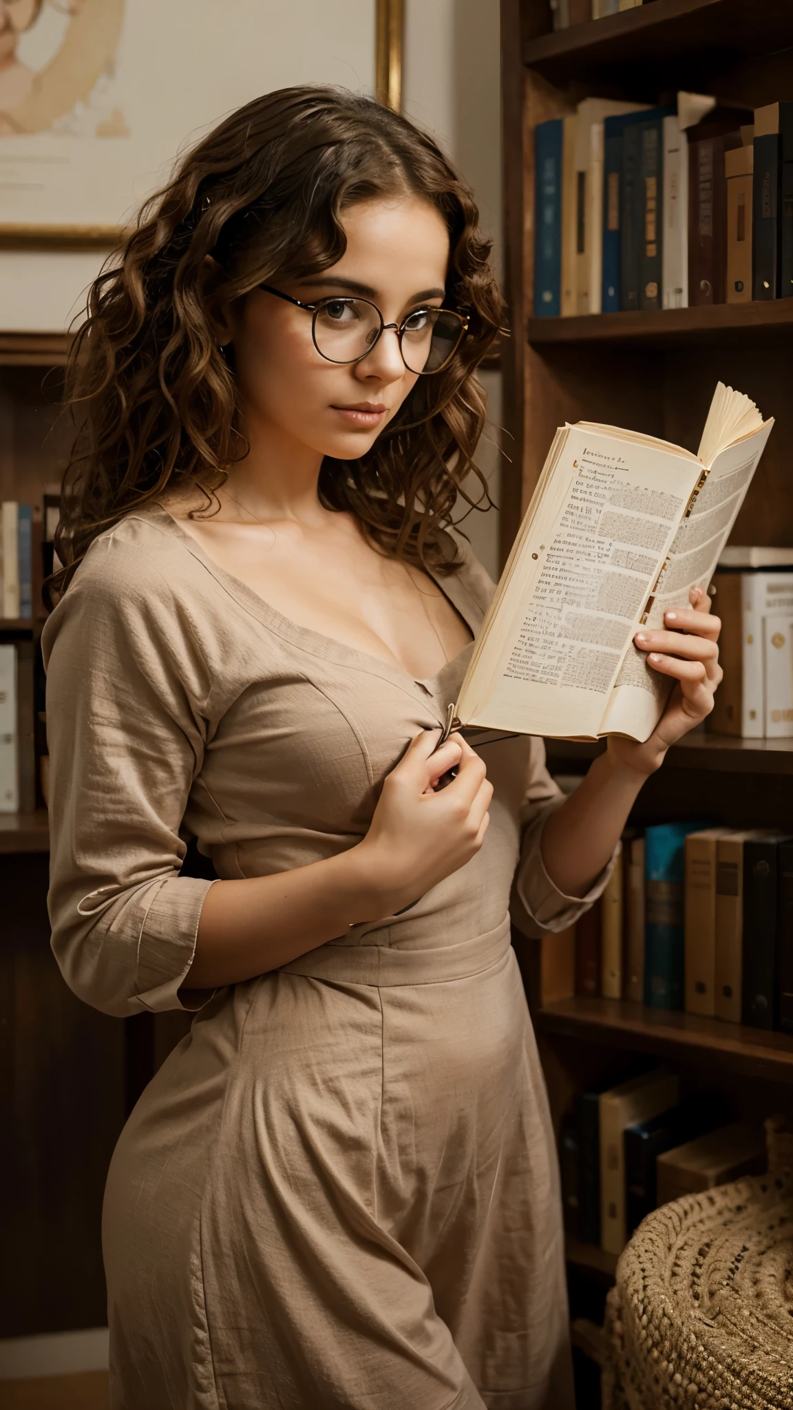 Create a painting of a woman with curly hair and glasses, lendo um livro, with your Siamese cat by your side