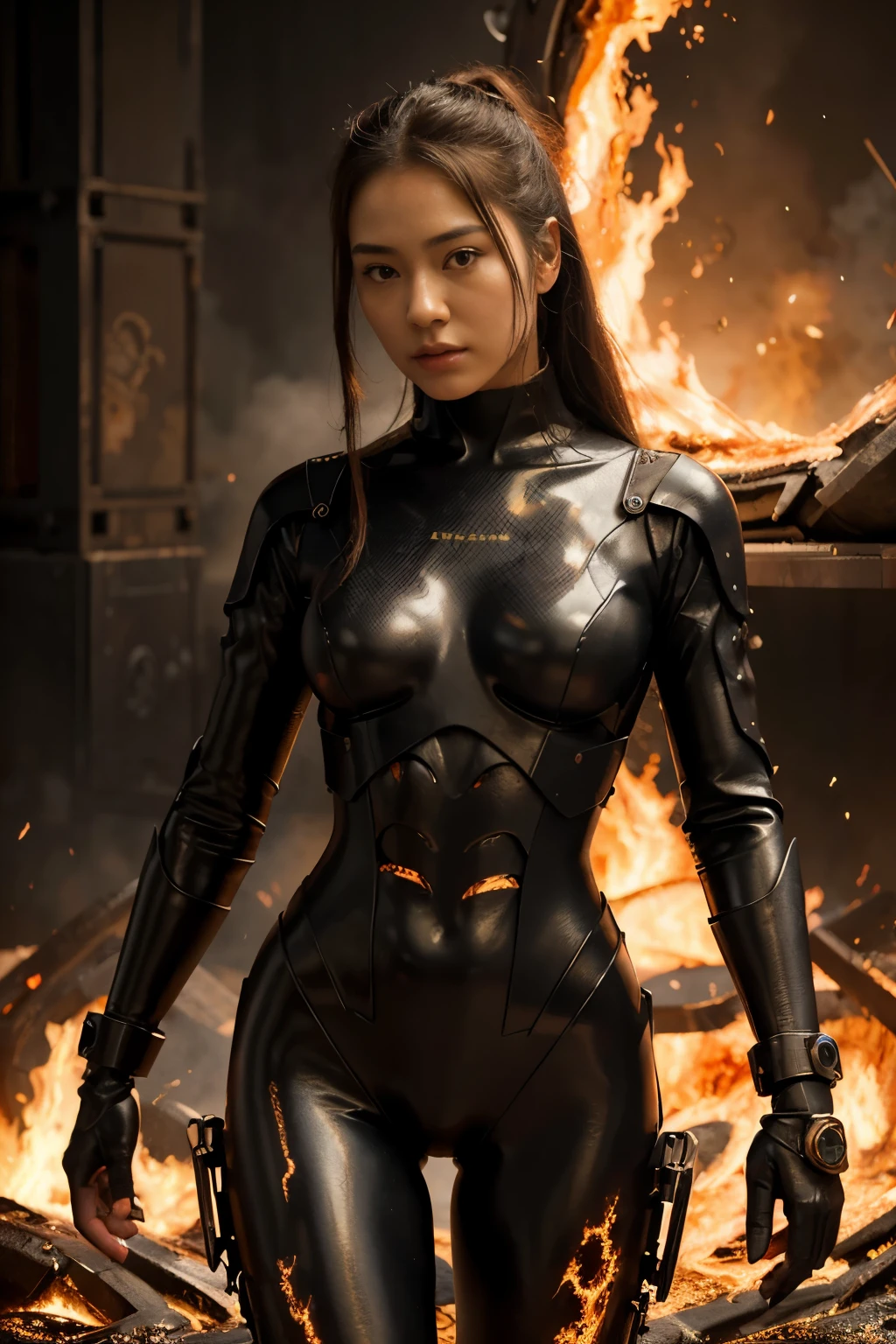 (high quality), (masterpiece), (detailed), 8K, Hyper-realistic portrayal of a futuristic (1girl1.2), Japanese character surrounded by molten magma with mechanical full body suit. Meticulous details capture the dynamic fusion of tradition and innovation in this visually stunning composition. Trending on Artstation.