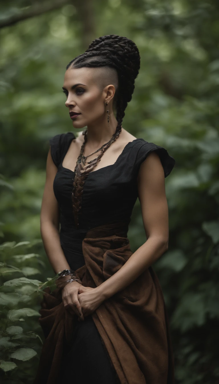 forty year old woman with a tall body size and with a wild braided braid and the sides of the head shaved bald, bright eyes, full body representation, modern gothic female clothing with many details, model pose stands in front of the camera and looks into the camera