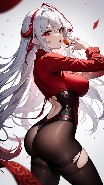 Torn red cheongsam,Broken black pantyhose,huge breasts,胸前Holes in clothes,Damaged clothes,Holes in clothes,Battle damage,Seriously injured,long white hair,Wipe the blood from the corner of your mouth with your hand,Weak,Gasping lightly,sideways,Half of your butt is exposed,Cell phone entangled in octopus tentacles,Entangled by octopus tentacles