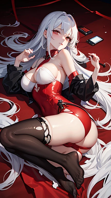Torn red cheongsam,Broken black pantyhose,huge breasts,胸前Holes in clothes,Damaged clothes,Holes in clothes,Battle damage,Seriously injured,long white hair,Wipe the blood from the corner of your mouth with your hand,Weak,Gasping lightly,sideways,Half of your butt is exposed,Cell phone entangled in octopus tentacles,Entangled by octopus tentacles