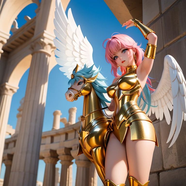 une femme, 25 ans, manga, cheveux longs, cheveux bruns, armure, pegasus armor, saint seiya, seiya, pegasus, casque, chevalier du zodiaque, dans un Grèce antique, Coliseum, metal pegasus wings, jupe en crin de cheval