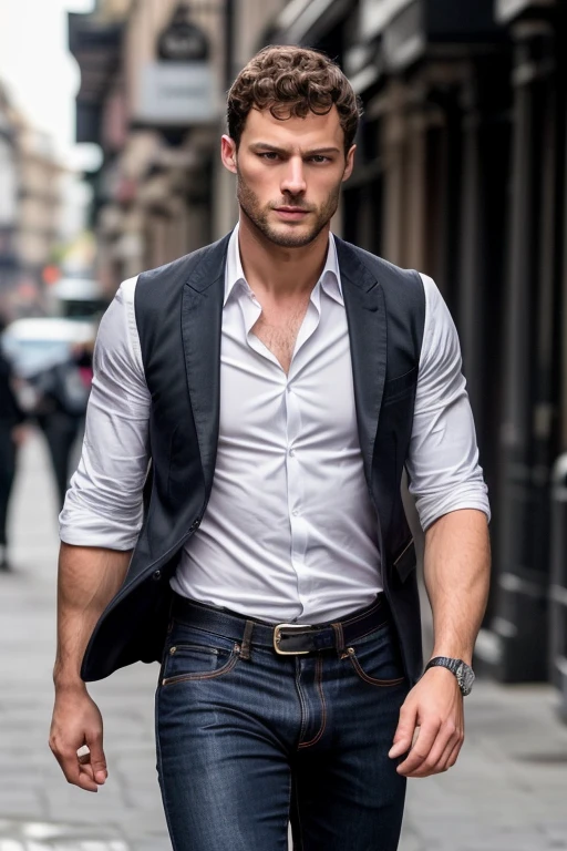  hombre nalgon, (Usar barba oscura y atractiva.) Escena de pelicula, (Impecable) ,Hombre serio y elegante, Actor Jamie Dornan, con espesas cejas masculinas, agente secreto 007 estilo hombre, nalgon, (con cara misteriosa y seria,) pelo corto y oscuro, imagen de fondo negro oscuro,elegante y elegante, Man similar to actor Jamie Dornan,  ( imagen realista y de alta calidad), ((Mejor calidad, 8K, obra maestra). Jeans