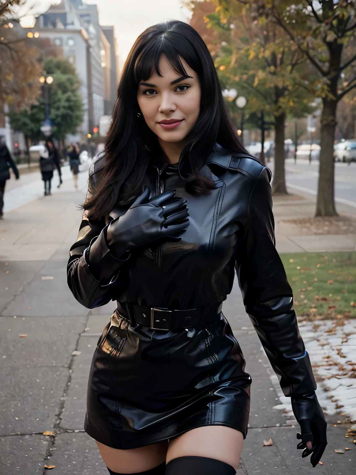 smiling Bettie Page  walking in the park. Close photo. Long black hair. ((Wearing maxy Black coat)) ((Black leather gloves)), maxy skirt, handbag over her shoulders,Winter. Perfect slim body anatomy. flirting with the camera, Photorealistic. Realistic colors. Realistic lights. Masterpiece. Realistic anatomy. Highly detailed. Realistic details. High quality.