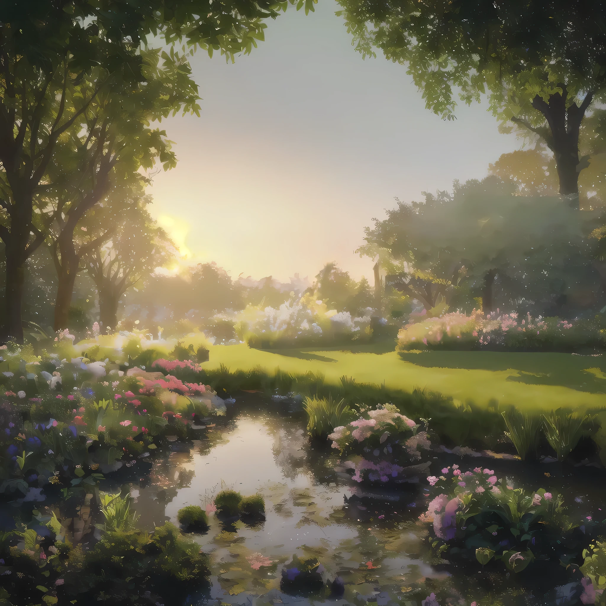 (best quality,4k,8k,highres,masterpiece:1.2),ultra-detailed,realistic:1.37,less sunlight,garden,beautiful detailed flowers,greenery,delicate shadows,golden hour lighting,soft warm colors,calm and serene atmosphere,natural and organic texture,masterpiece-level medium.
